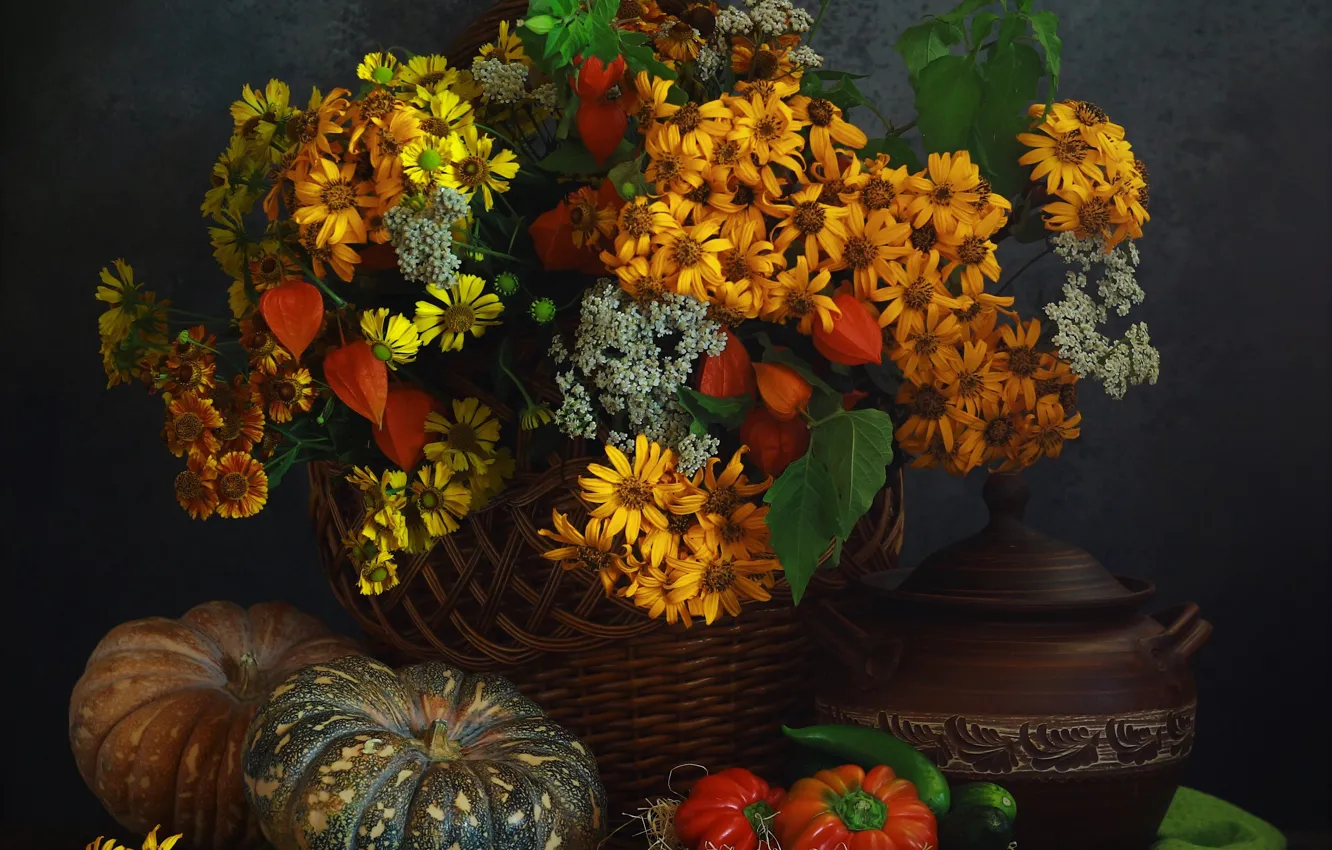Photo wallpaper flowers, yellow, table, bouquet, pumpkin, pot, pan, pepper