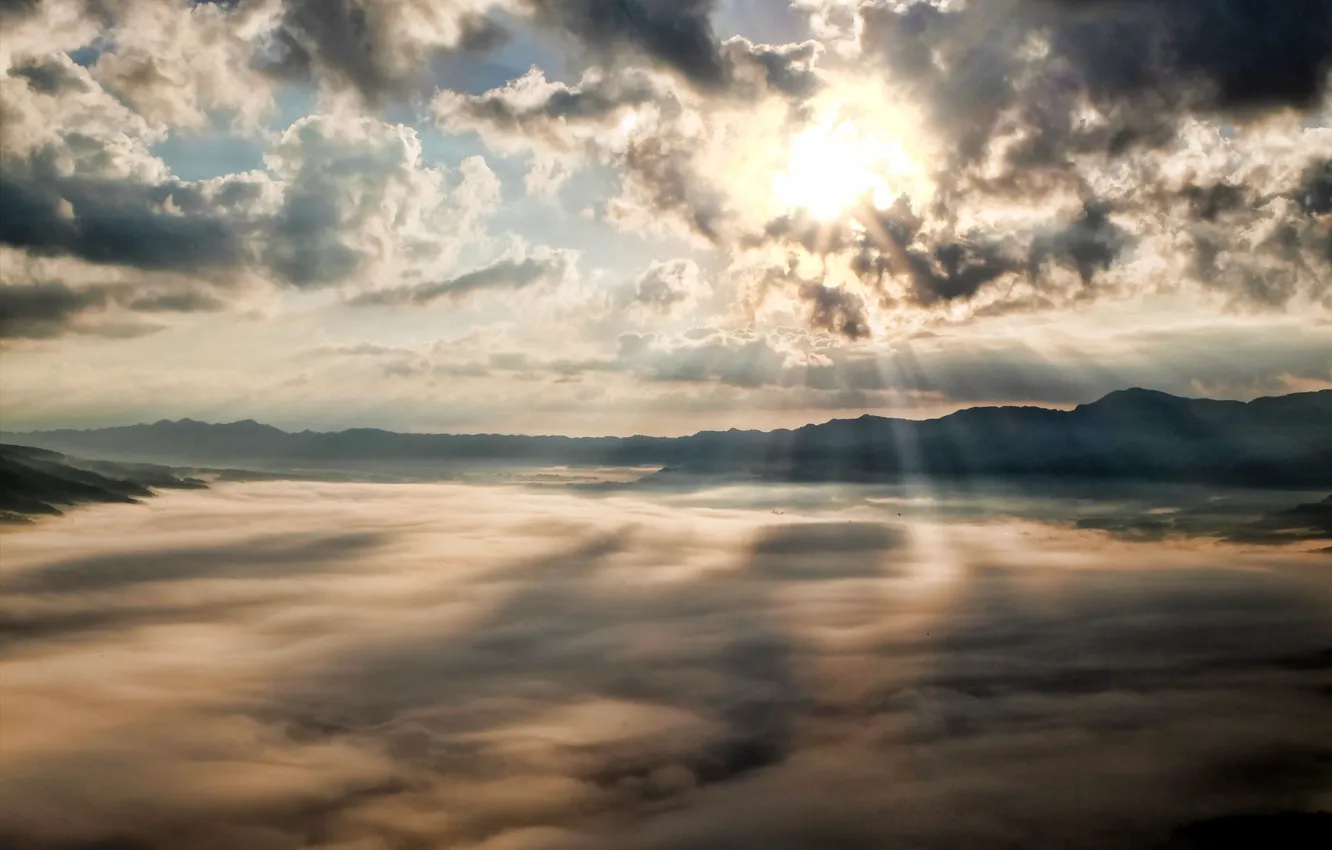Photo wallpaper the sky, the sun, clouds, rays, light, mountains, hills, horizon