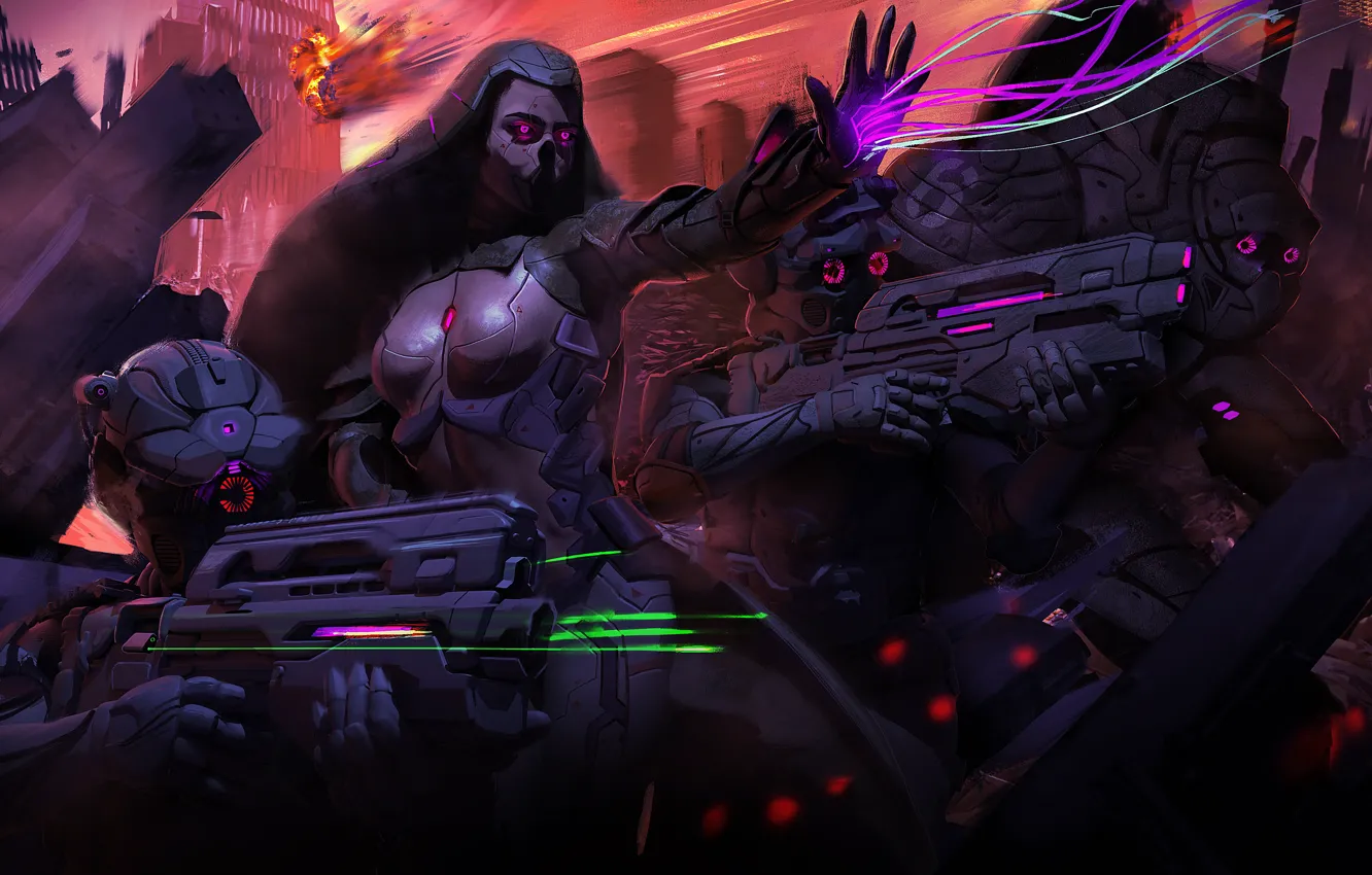 Photo wallpaper city, gun, fantasy, magic, robot, science fiction, art, Guns