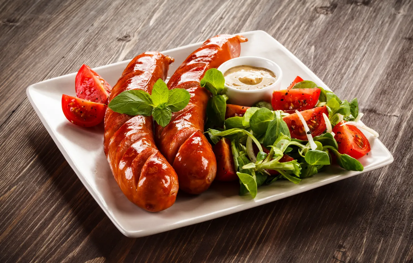 Photo wallpaper sausage, mint, tomatoes, ketchup, cucumbers, grill, mustard