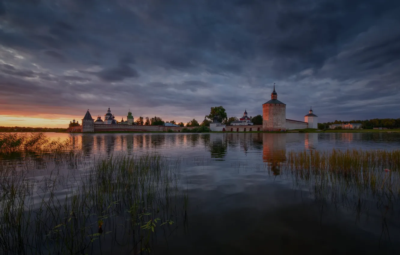Photo wallpaper clouds, overcast, dal, Church, architecture, the monastery, pond, men's