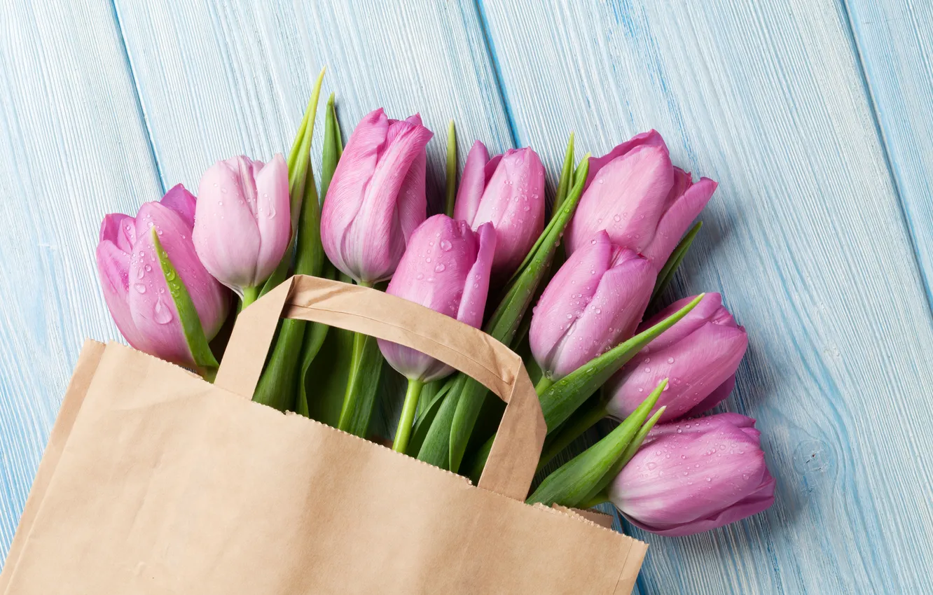 Photo wallpaper flowers, bouquet, tulips, wood, pink, flowers, tulips, spring