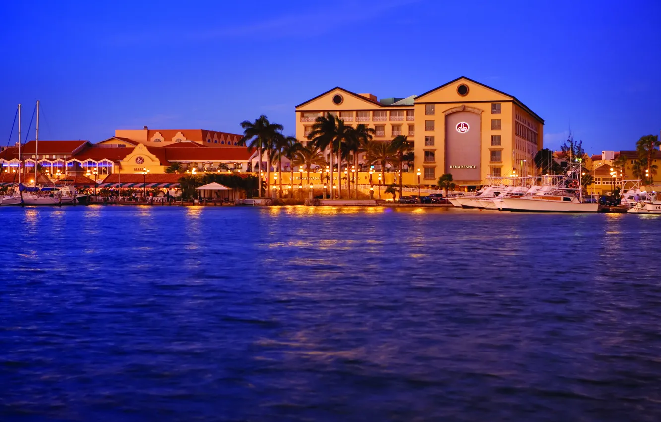 Photo wallpaper the city, the evening, yacht, promenade, Aruba