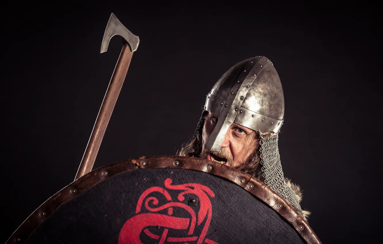 Photo wallpaper background, warrior, helmet, axe, shield