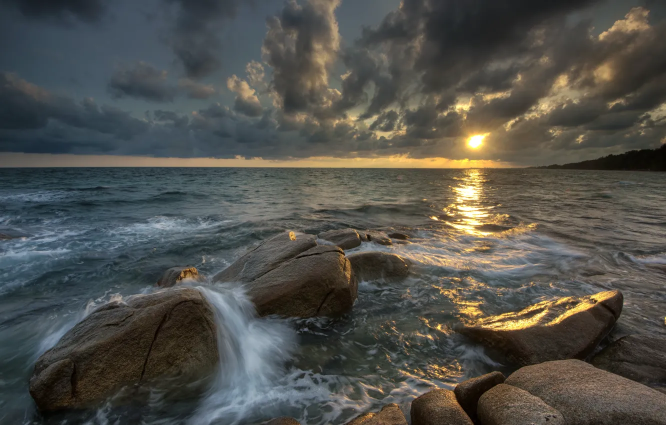 Photo wallpaper sand, sea, wave, beach, summer, the sky, sunset, stones