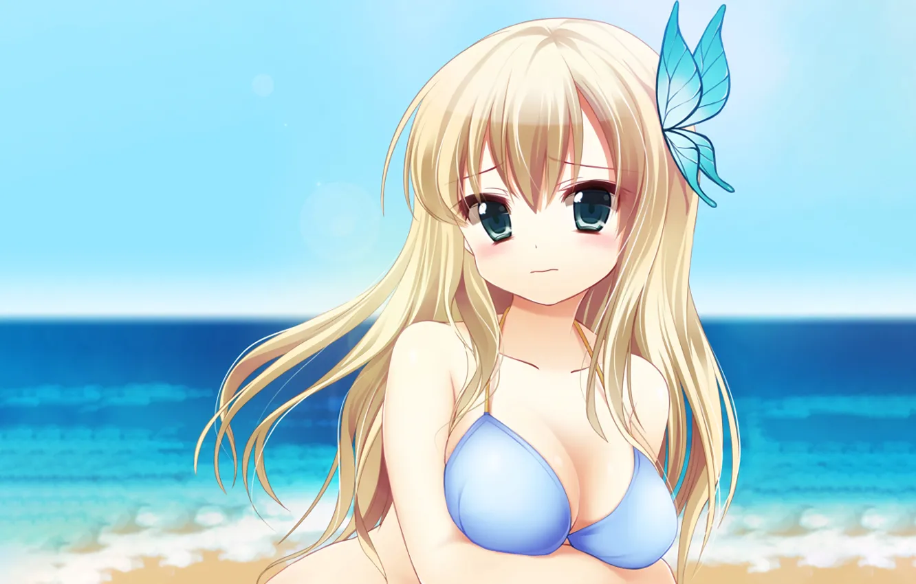 Photo wallpaper girl, sexy, cleavage, beach, long hair, sea, boobs, anime