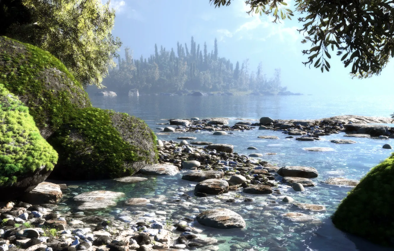 Photo wallpaper sea, water, trees, nature, lake, stones, island, moss