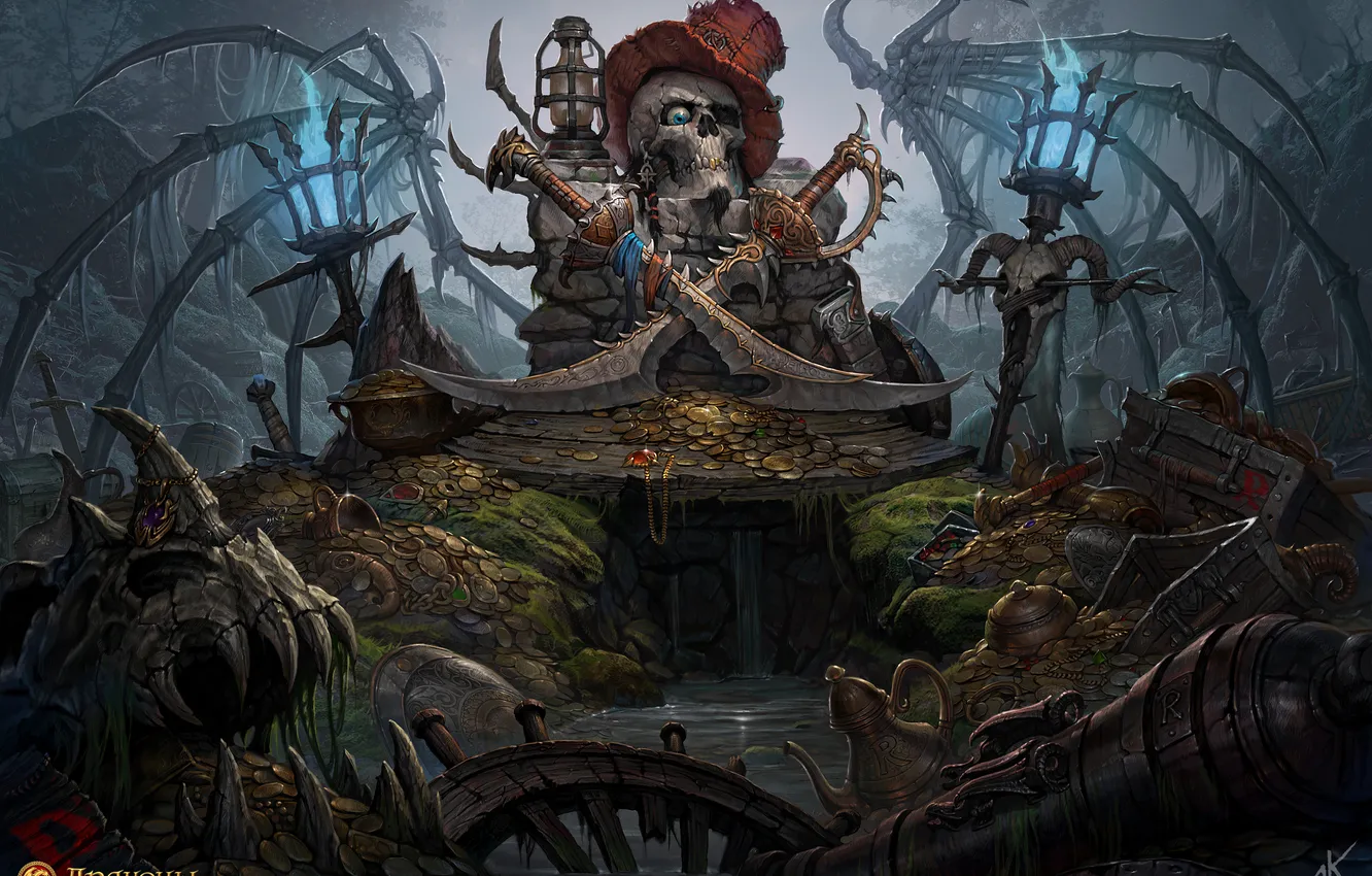 Photo wallpaper gold, figure, skull, hat, fantasy, art, skeleton, coins