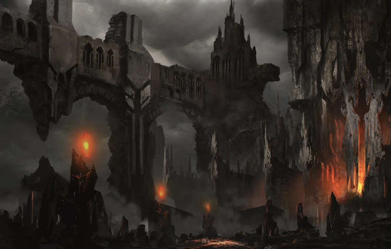 Photo wallpaper bridge, lights, stones, castle, rocks, fantasy, art, torch