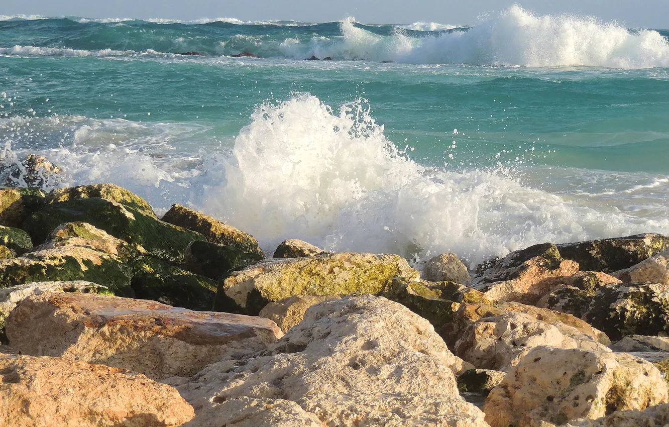 Photo wallpaper sea, wave, the sky, squirt, storm, stones