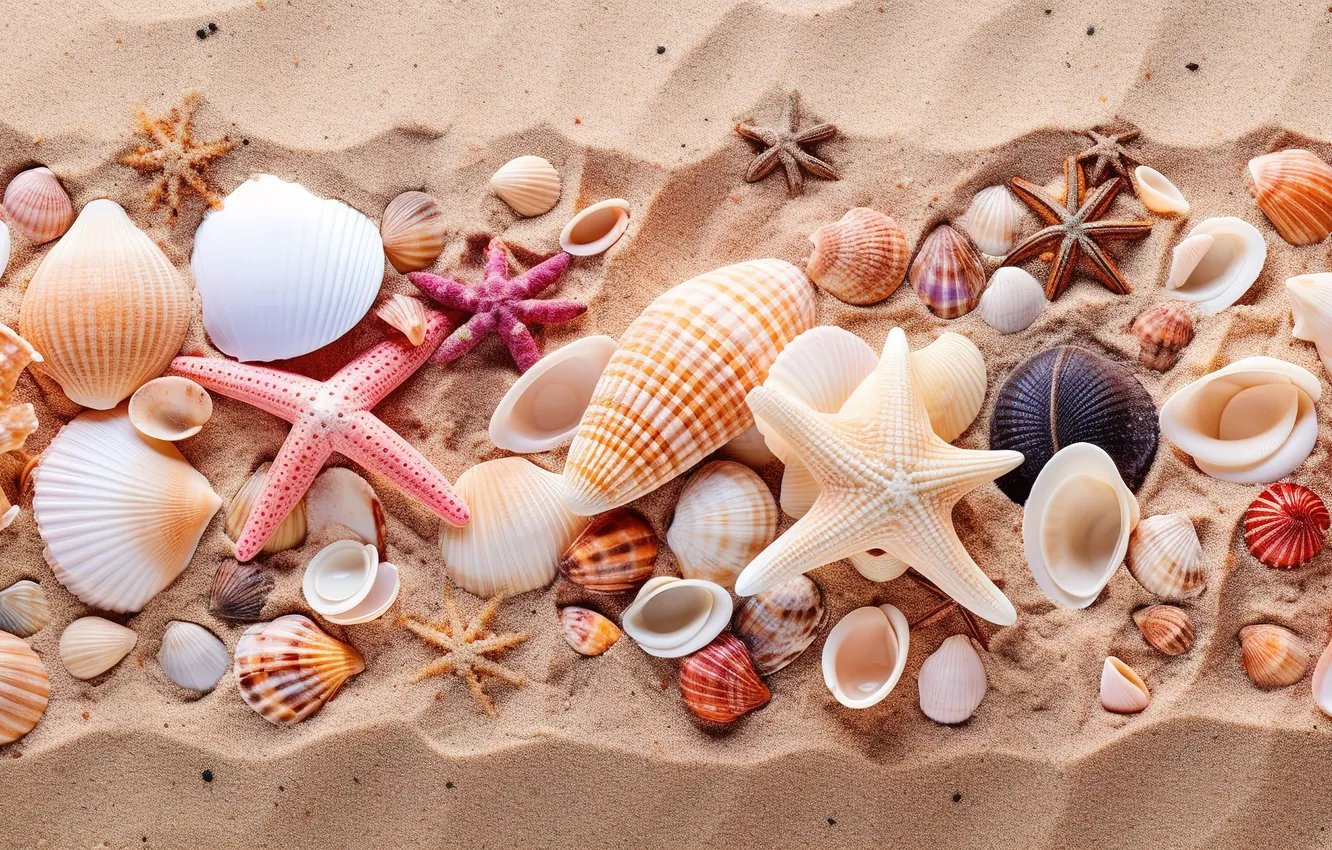 Photo wallpaper sand, beach, background, shell, beach, texture, background, sand