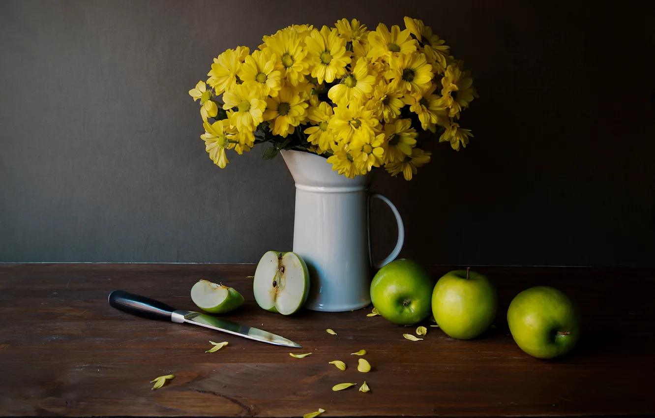 Photo wallpaper flowers, apples, bouquet, yellow, still life, chrysanthemum