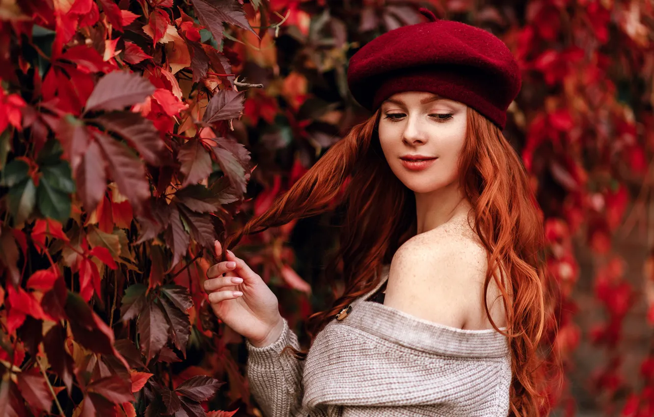 Photo wallpaper leaves, girl, pose, hair, portrait, hands, red, shoulders
