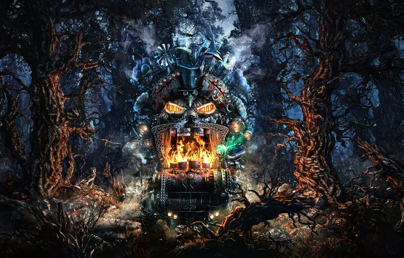 Photo wallpaper machine, forest, trees, the darkness, DarkWoods