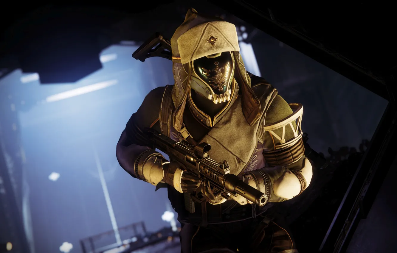 Photo wallpaper weapons, background, hat, soldiers, helmet, equipment, machine gun, Destiny 2