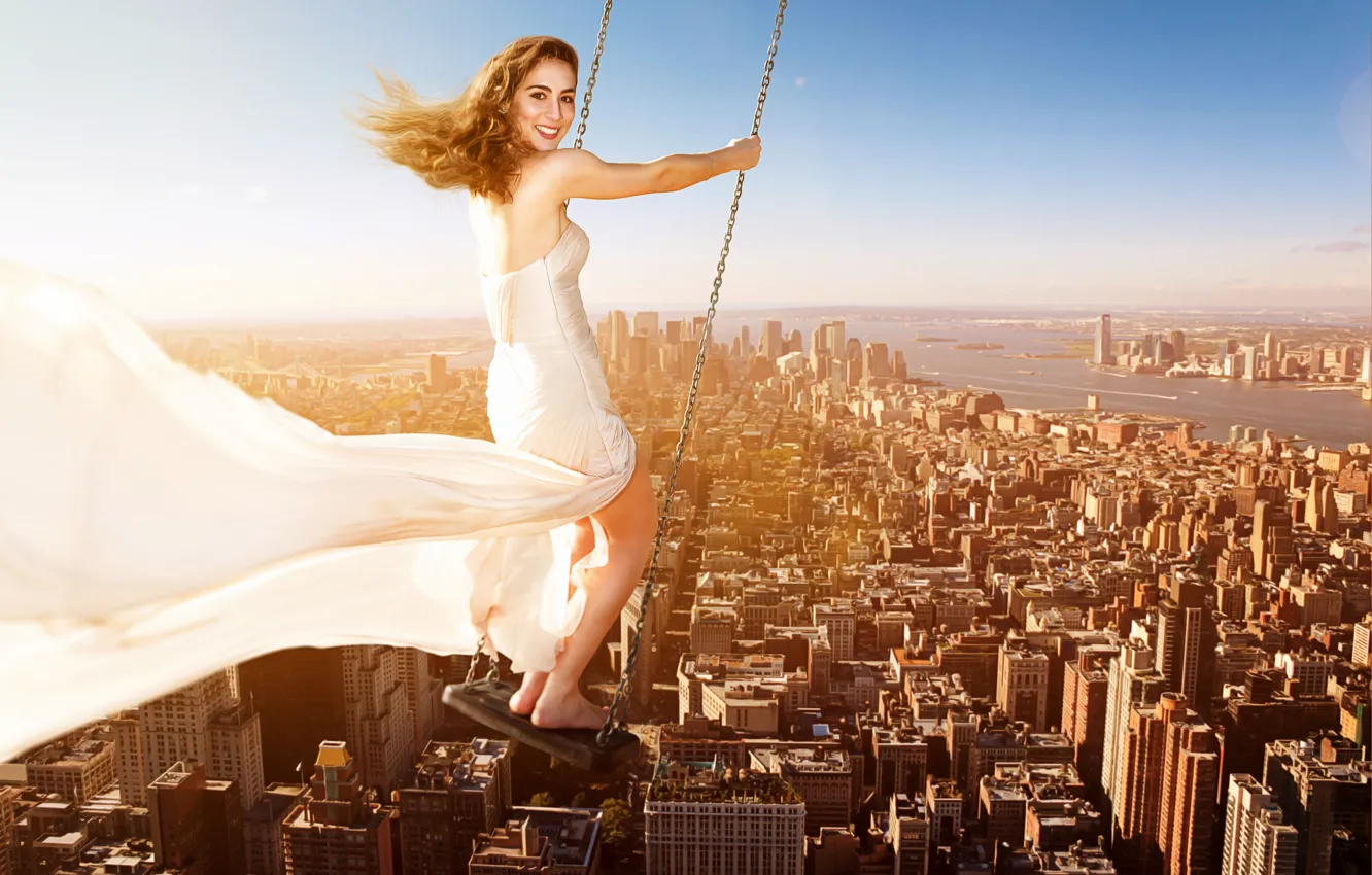 Photo wallpaper the sky, girl, the sun, the city, smile, background, swing, mood