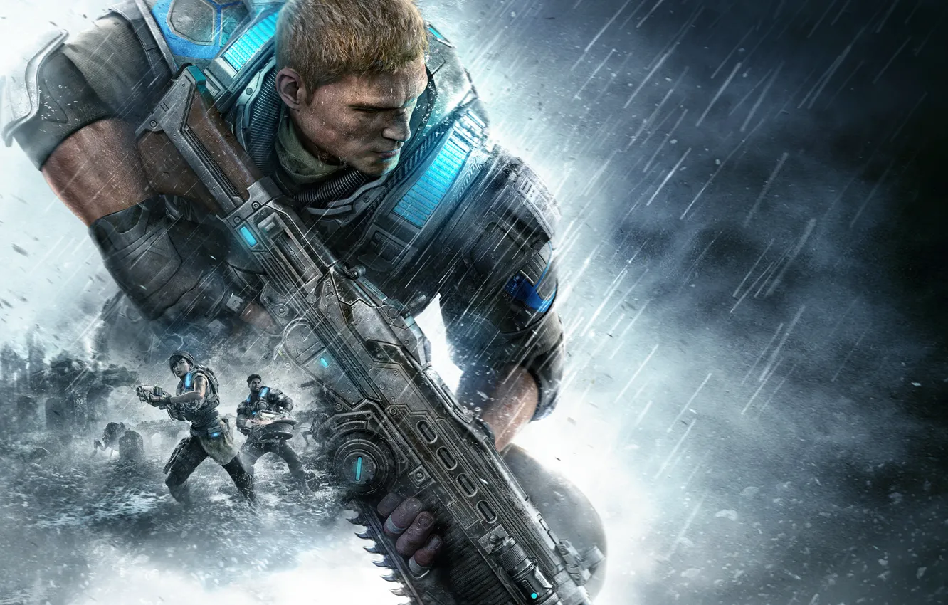 Photo wallpaper girl, weapons, soldiers, gloves, armor, saw, rifle, equipment