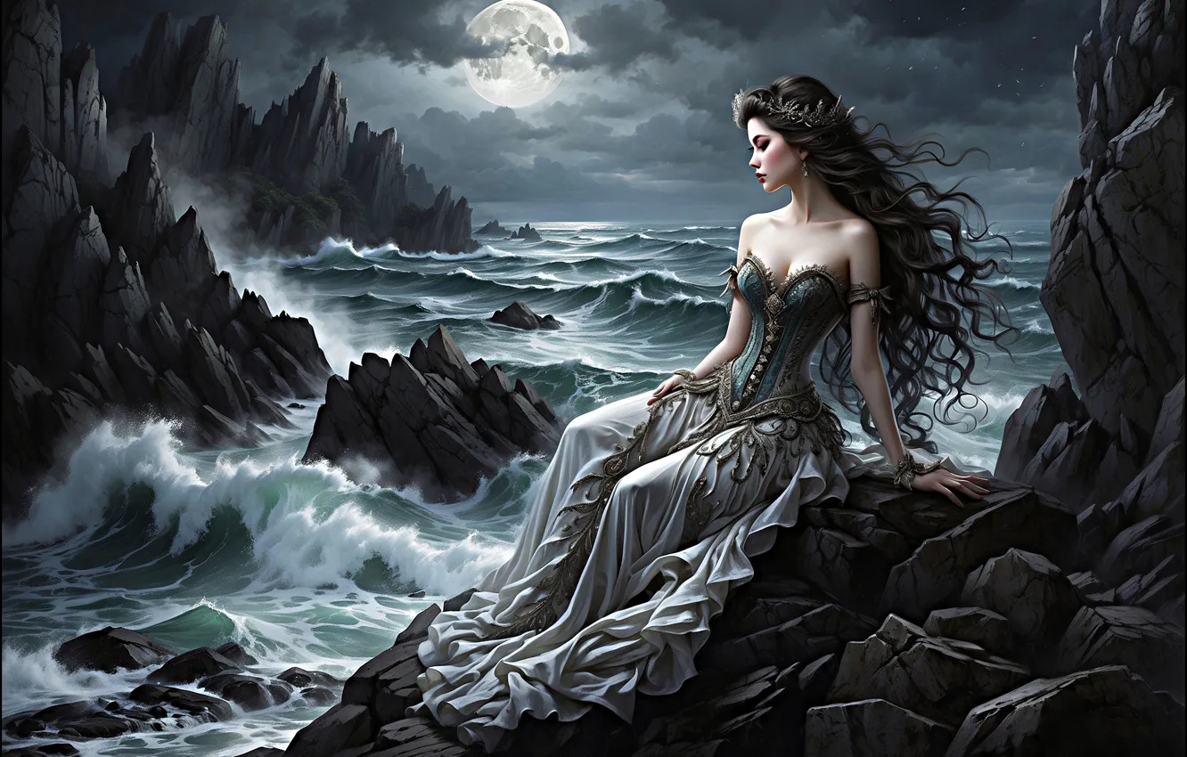 Photo wallpaper sea, look, girl, night, pose, Princess, AI art, neural network