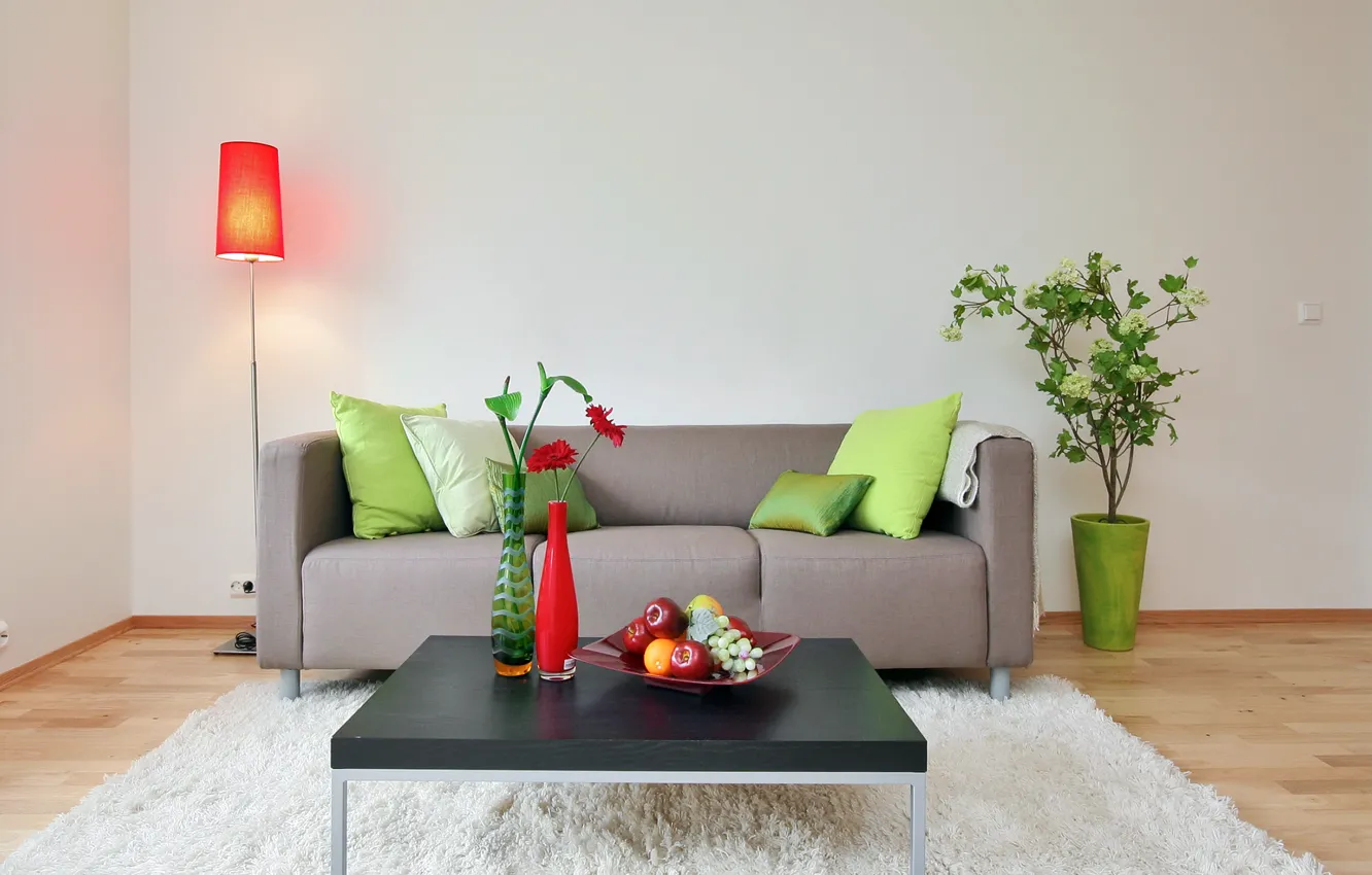 Photo wallpaper flower, room, sofa, pillow, lamp, fruit, table, vases