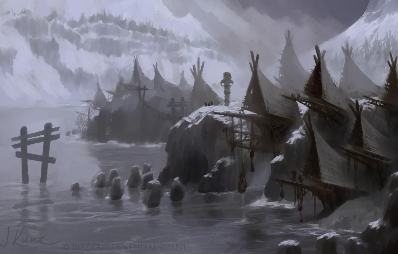 Photo wallpaper sea, mountains, rocks, hut, totem