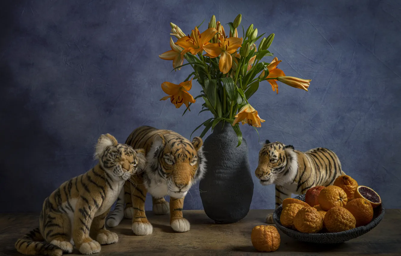 Photo wallpaper flowers, orange, tiger, table, toy, Lily, orange, bouquet