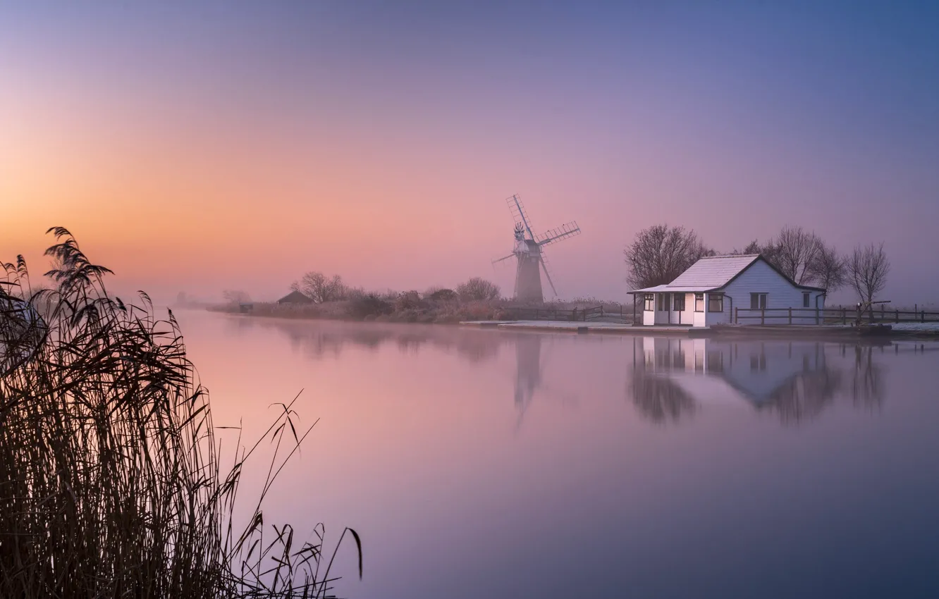 Photo wallpaper fog, river, dawn, England, home, morning, mill, reed