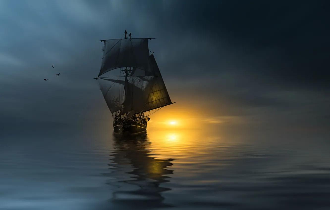 Photo wallpaper sunset, the ocean, bird, ship, sail, photographer, Christian Wig