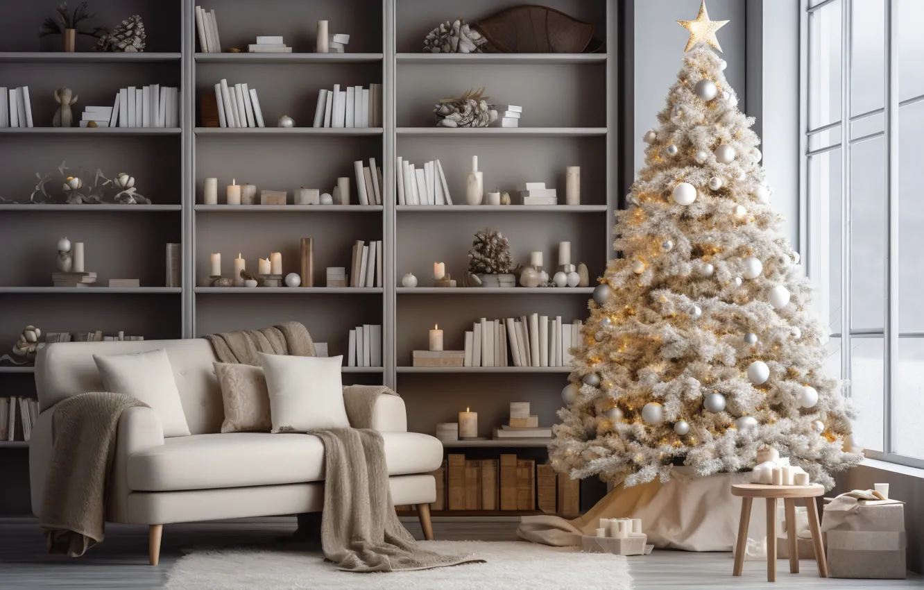 Photo wallpaper decoration, room, sofa, gift, balls, tree, new year, home