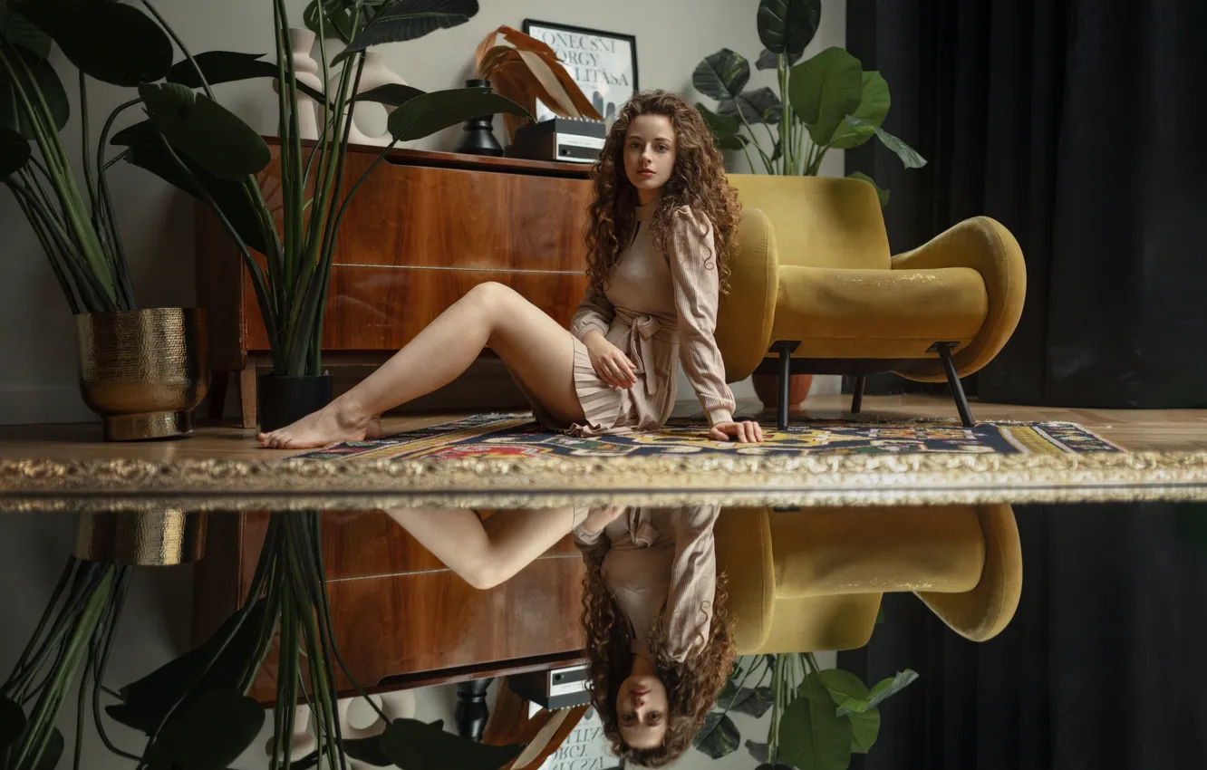 Photo wallpaper look, girl, reflection, model, barefoot, dress, legs, curls