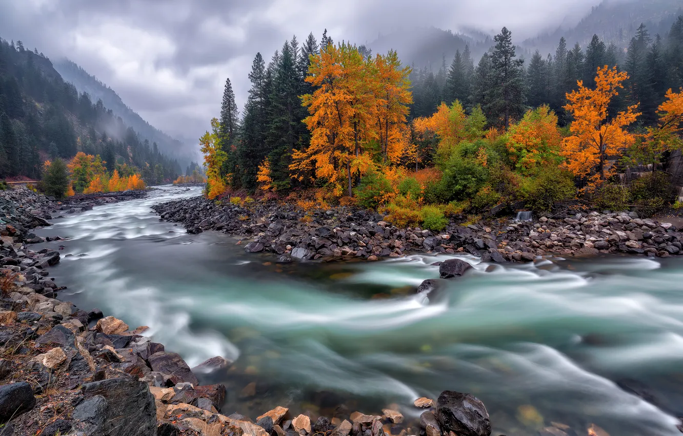Photo wallpaper nature, beauty, nature, autumn, cloudy sky, Misty Mountains, Serene, long exposure