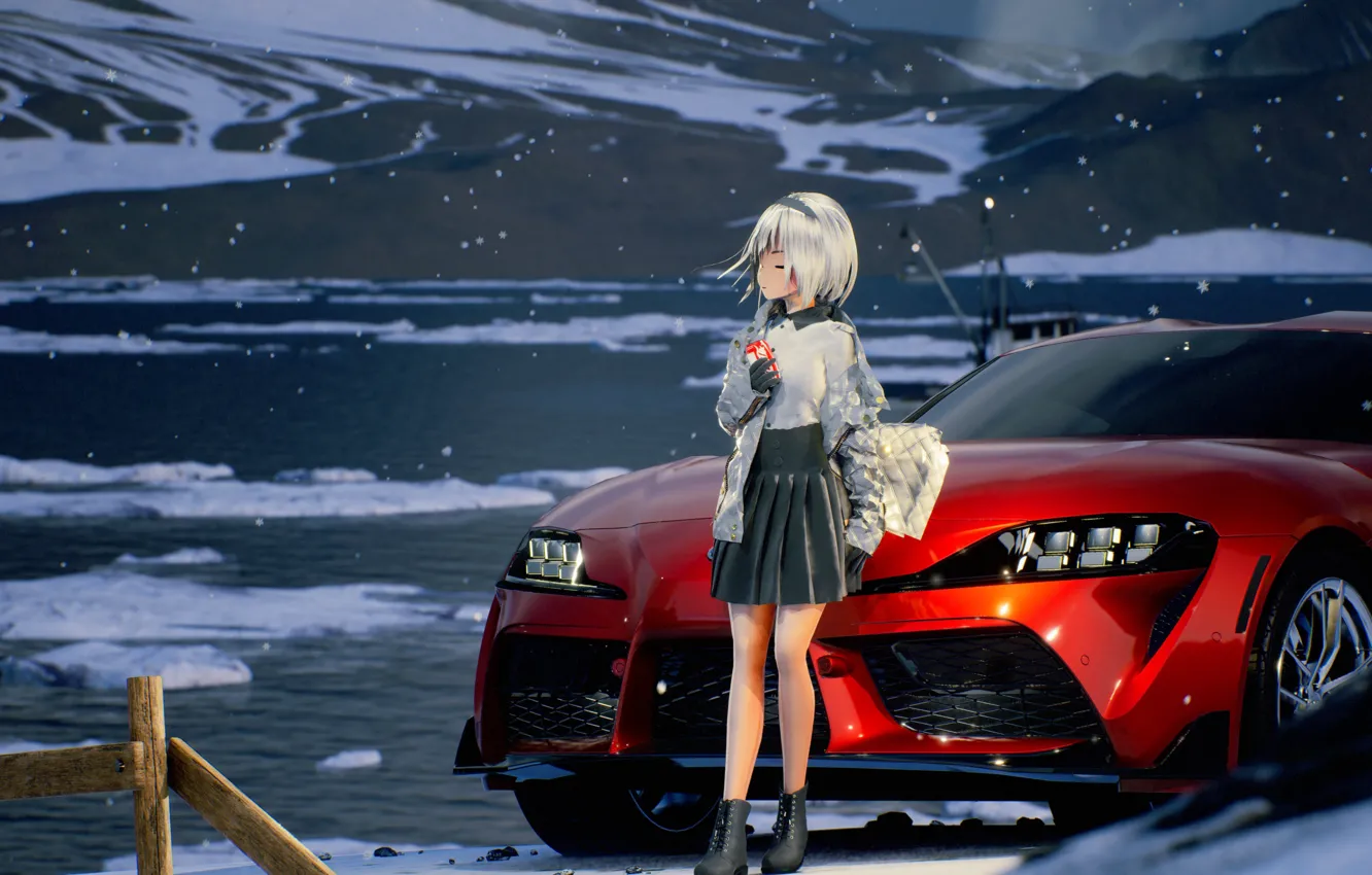 Photo wallpaper auto, girl, snow, mountains, lake, by rengreng
