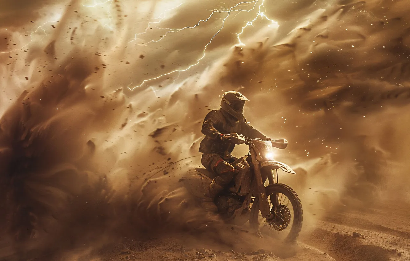 Photo wallpaper sand, clouds, lightning, desert, dust, motorcycle, athlete, male