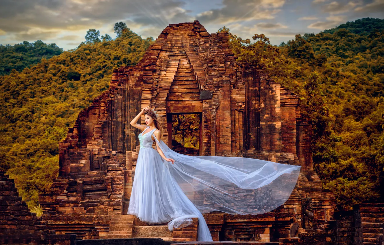 Photo wallpaper girl, style, crown, dress, the ruins, Asian