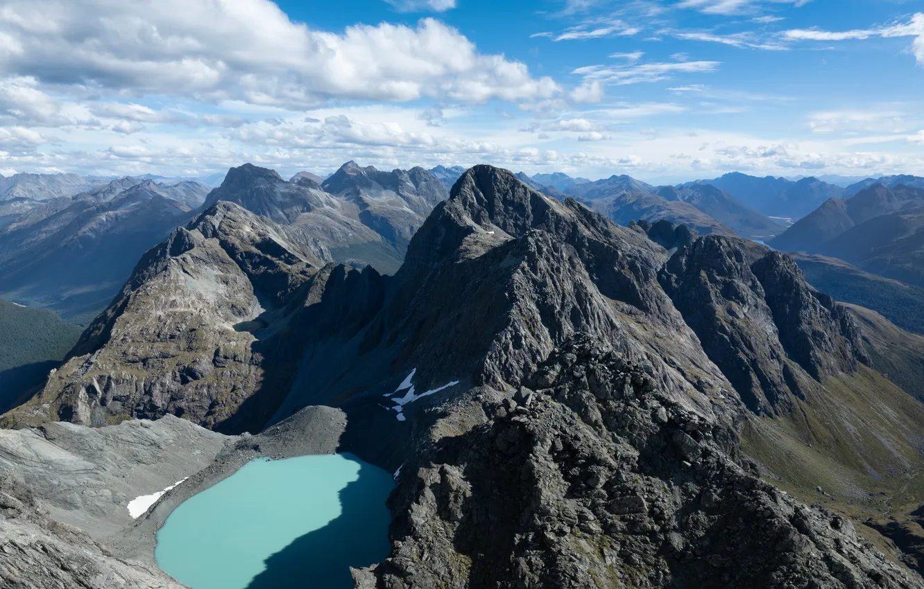 Photo wallpaper clouds, mountains, lake