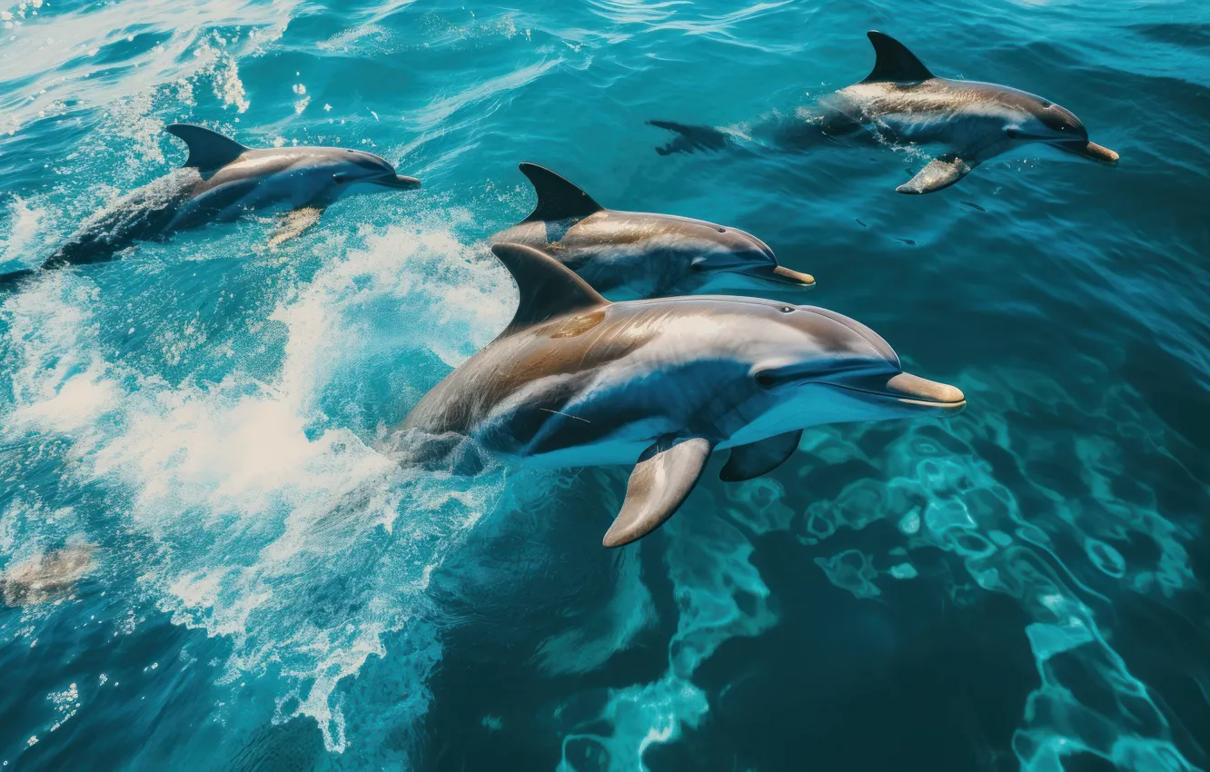 Photo wallpaper sea, wave, water, the ocean, jump, dolphins, swimming, sports