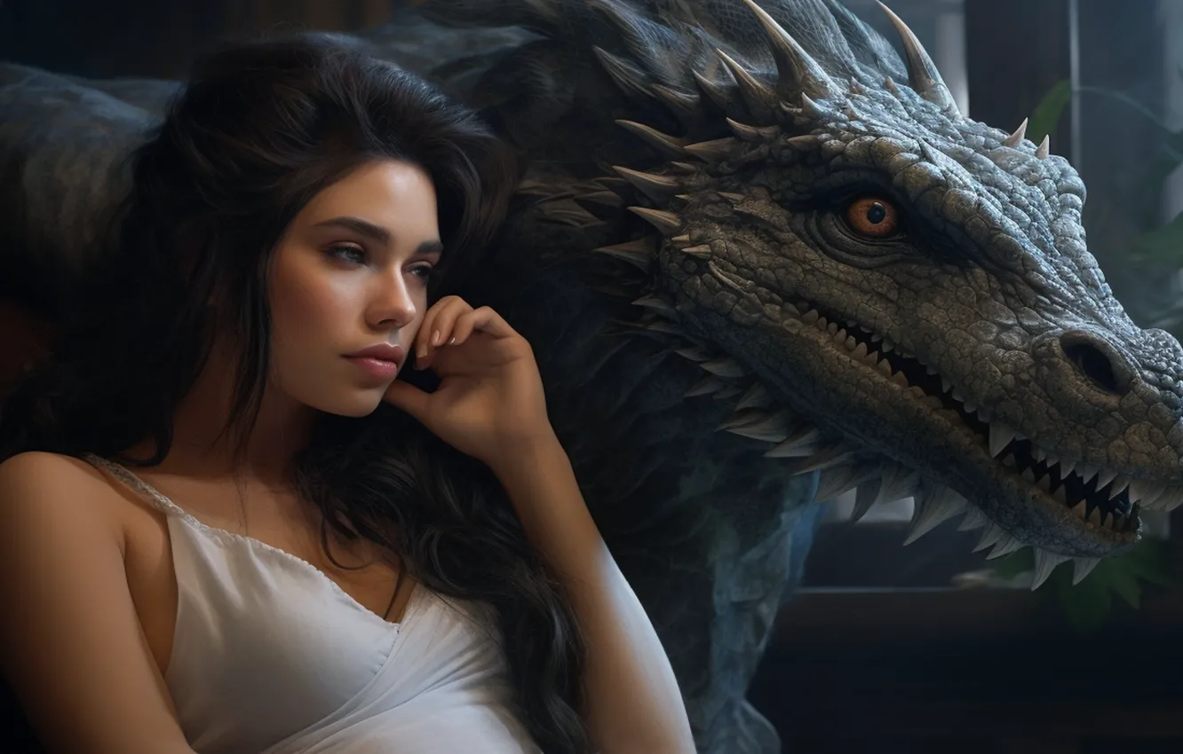 Photo wallpaper look, girl, the dark background, dragon, portrait, brunette, fantasy, pair