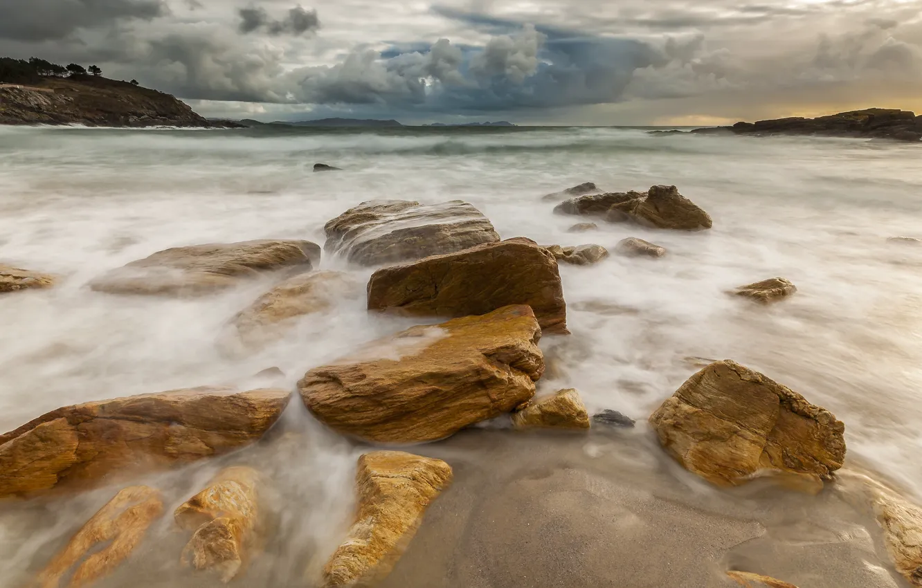 Photo wallpaper sea, wave, the sky, clouds, clouds, stones, overcast, rocks