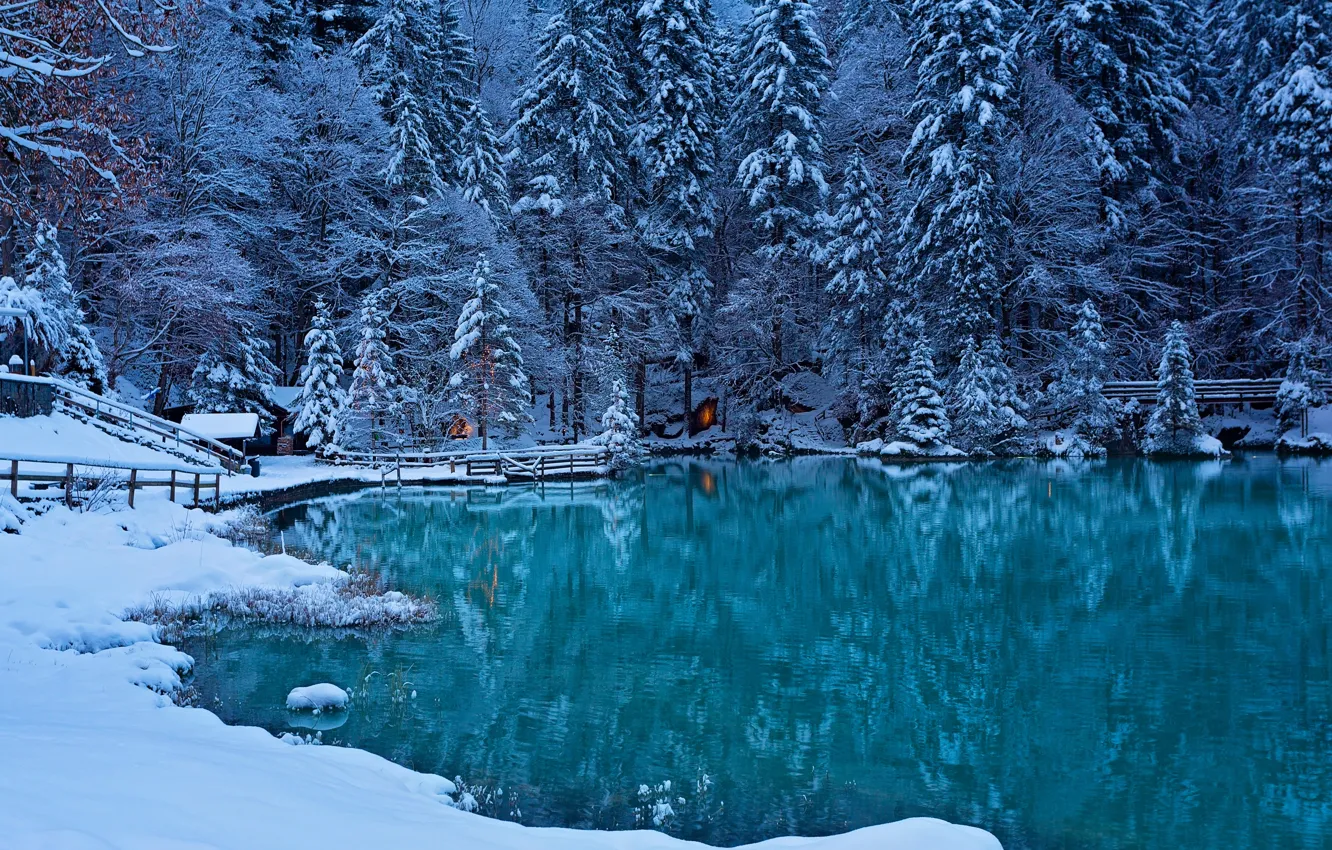 Photo wallpaper winter, forest, lake, Switzerland, Switzerland, Bernese Oberland, Kandersteg Valley, the valley of the river Kander
