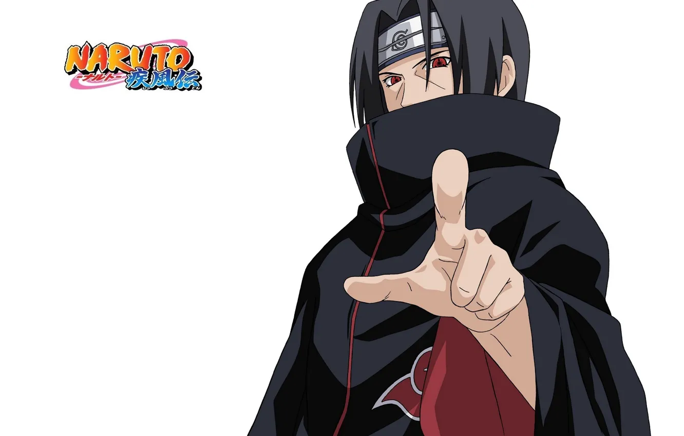 Photo wallpaper finger, collar, white background, headband, cloak, Naruto, red eyes, gesture