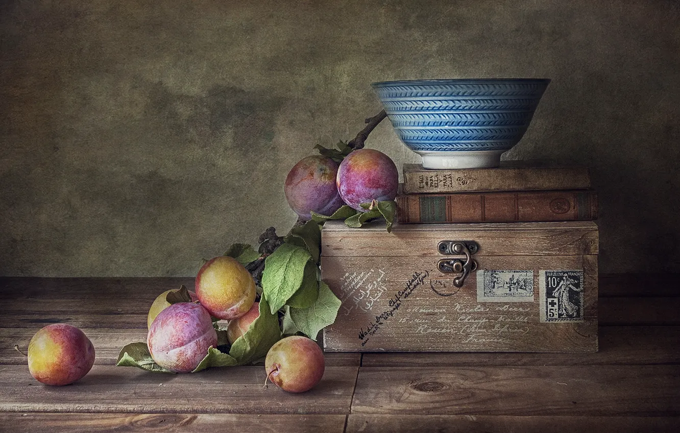 Photo wallpaper leaves, branches, table, Board, fruit, box, book, bowl