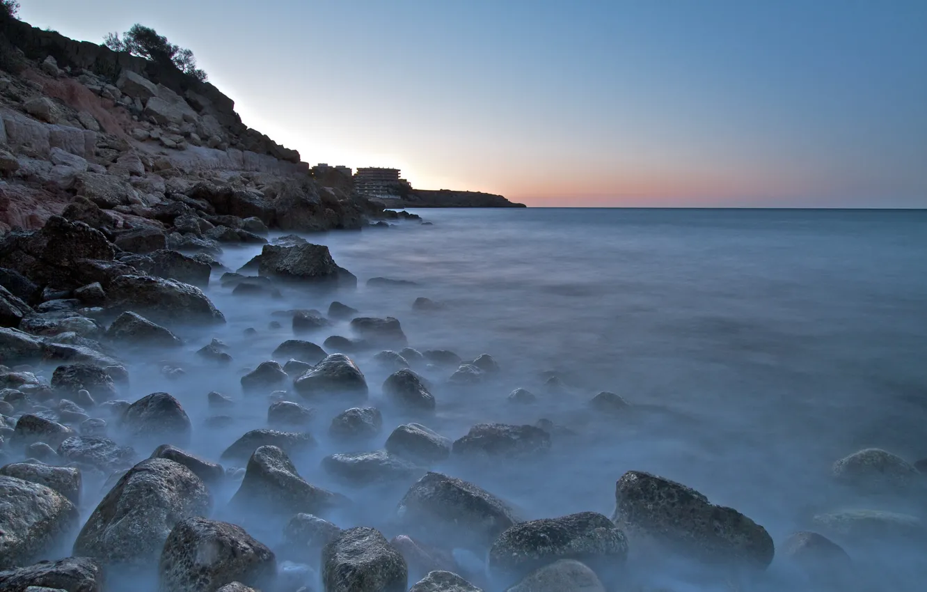 Photo wallpaper sea, the sky, stones, rocks, shore, building