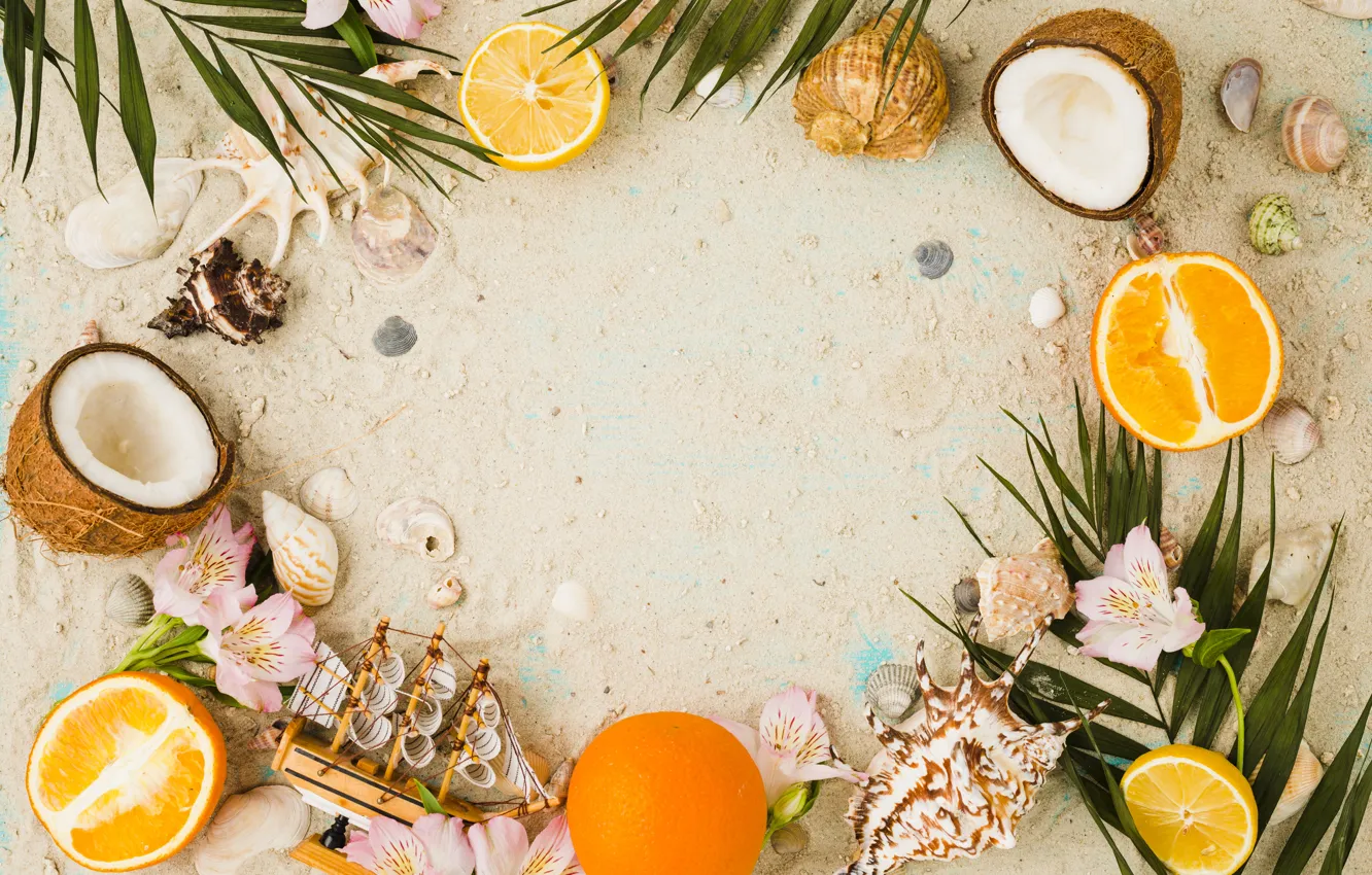 Photo wallpaper sand, summer, coconut, shell, summer, beach, flowers, sand