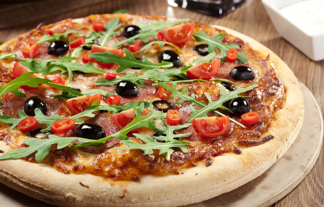 Photo wallpaper cheese, pizza, tomatoes, olives, sausage, cakes, pizza, cheese