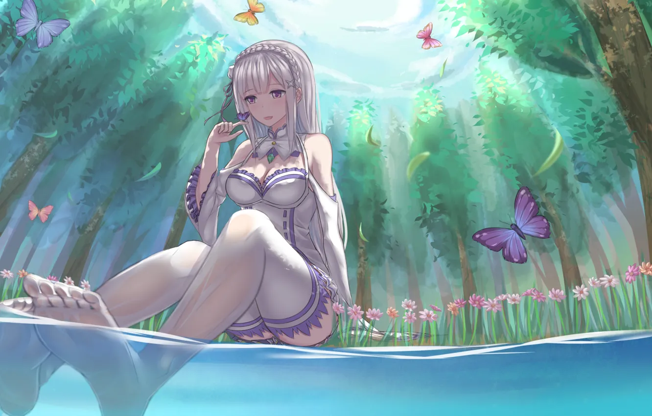 Photo wallpaper forest, water, girl, butterfly, elf, anime, art, Emilia