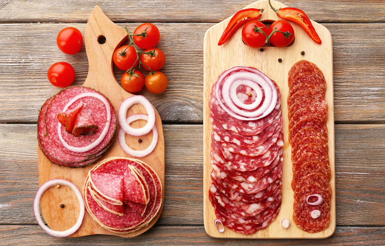 Photo wallpaper Board, bow, pepper, vegetables, tomatoes, sausage, pepper, salami