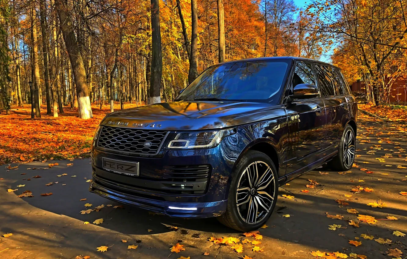 Photo wallpaper Land Rover, autumn day, blue SUV