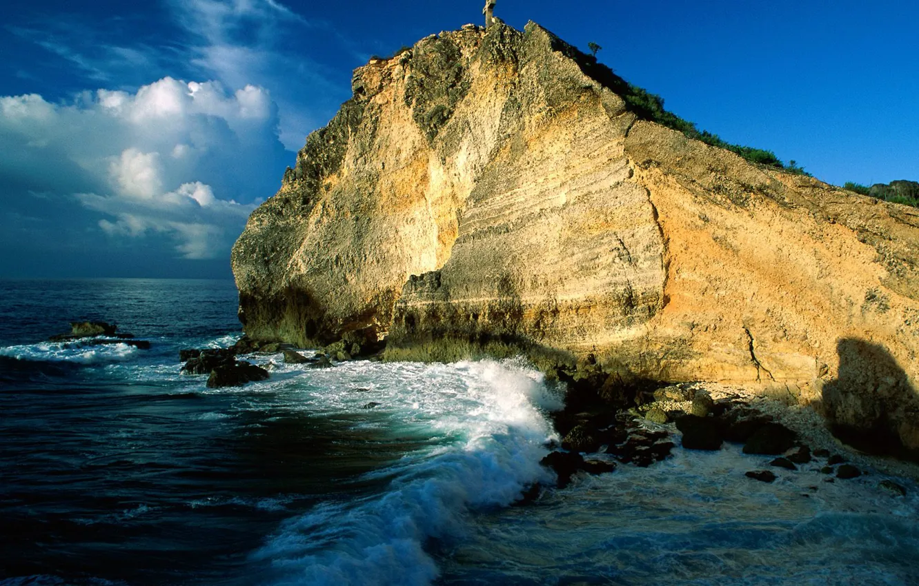 Photo wallpaper sea, the sun, rocks, cross