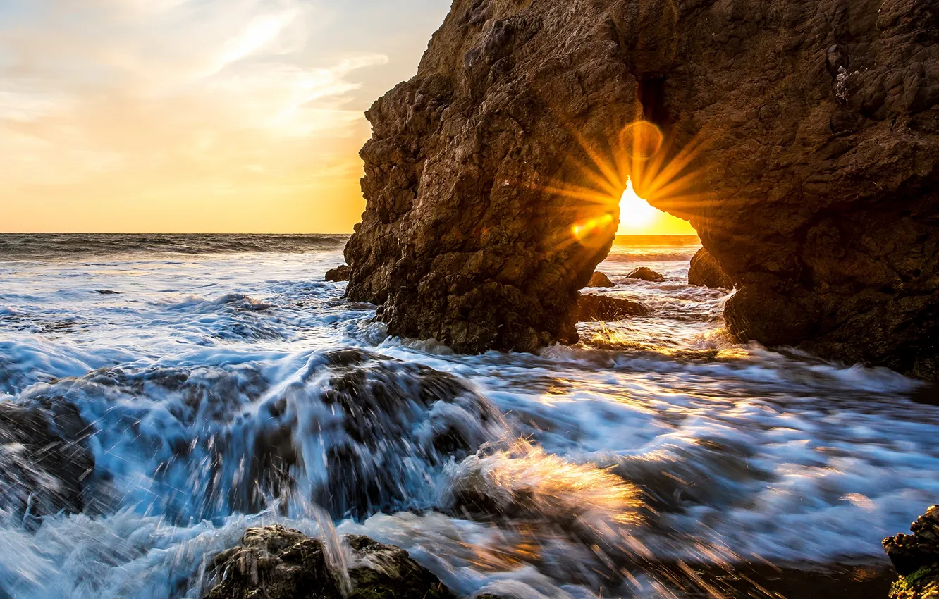 Photo wallpaper wave, sunset, the ocean, rocks, HDR, CA, USA, Malibu