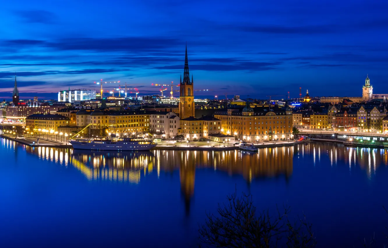 Photo wallpaper water, reflection, ship, building, home, yacht, pier, panorama