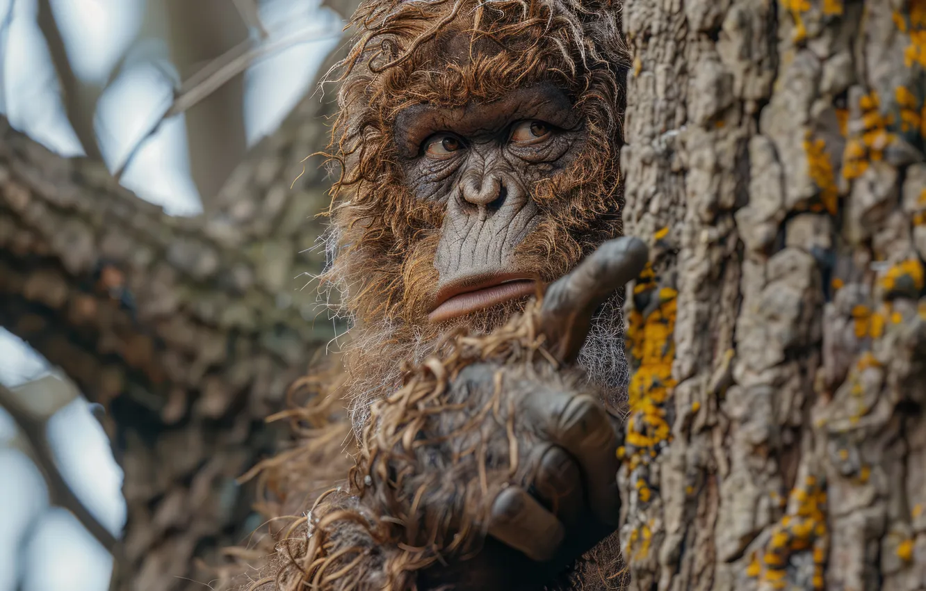 Photo wallpaper eyes, look, face, trees, being, hands, fingers, Yeti